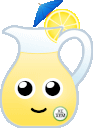 Sitroen, a shiny cartoonish lemonade pitcher with a lemon slice, umbrella, and a face. Xe is smiling, xir umbrella is blue, and xe is wearing a 