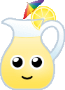 Sitroen, a shiny cartoonish lemonade pitcher with a lemon slice, umbrella, and a face. Xe is smiling, and xir umbrella is the colours of the queer pride flag.